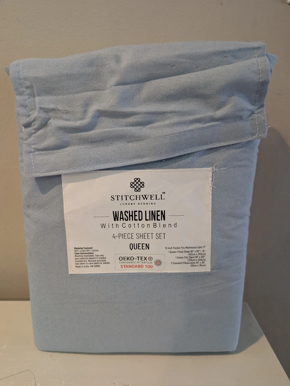 StitchWell Linen Blue Queen Sheet Set